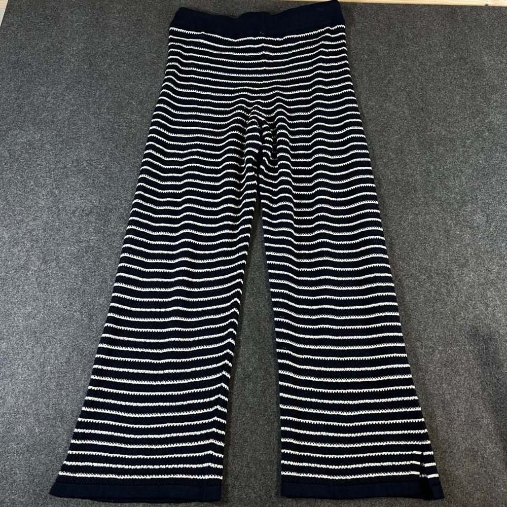 Pact Organic Cotton Linen Knit Striped Wide Leg Lounge Pants Navy White Medium - Picture 2 of 10